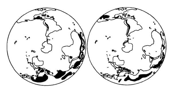 농업이 유래된 8개의 지역(좌)과 1,500m 이상의 고도(우)-남극을 기준으로