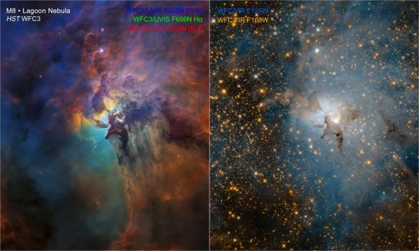 왼쪽은 육안으로 볼 수 있는 일반 사진이며 오른쪽은 적외선으로 찍은 석호성운이다. 출처-NASA