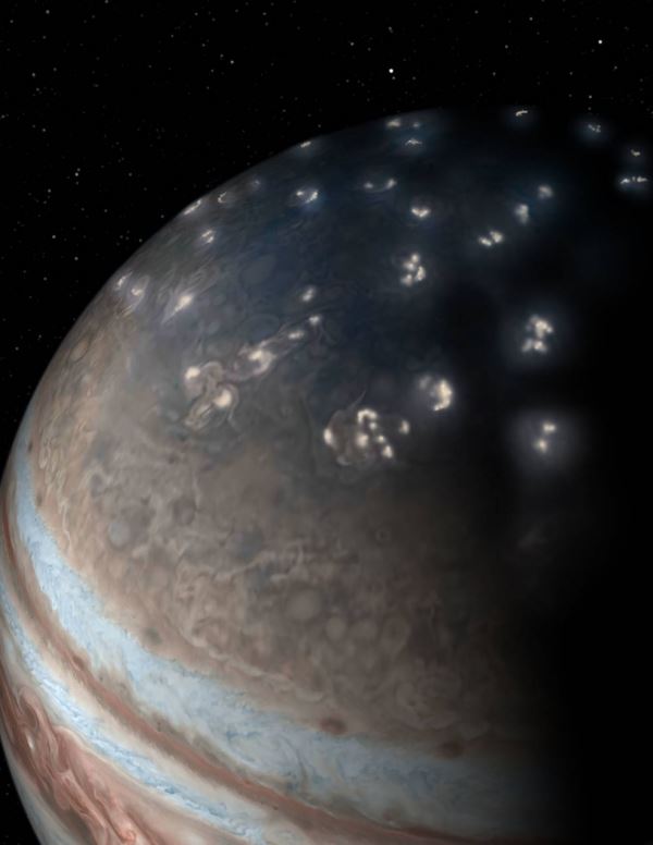 미 항공우주국(NASA)위 우주탐사선 주노의 위성사진을 토대로 만든 목성 상상도에서 번개가 발생하고 있다.