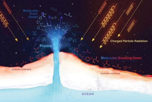 얼음 지각 아래로부터 분출하는 바다를 그린 상상도. 우주에서 날아든 방사선은 바다와 함께 분출된 유기물질을 파괴할 가능성이 있다. 연구자들은 새로운 연구방법을 통해 어느 곳을 집중적으로 연구할지 몰색할 수 있다. 출처 - NASA/JPL - Caltech
