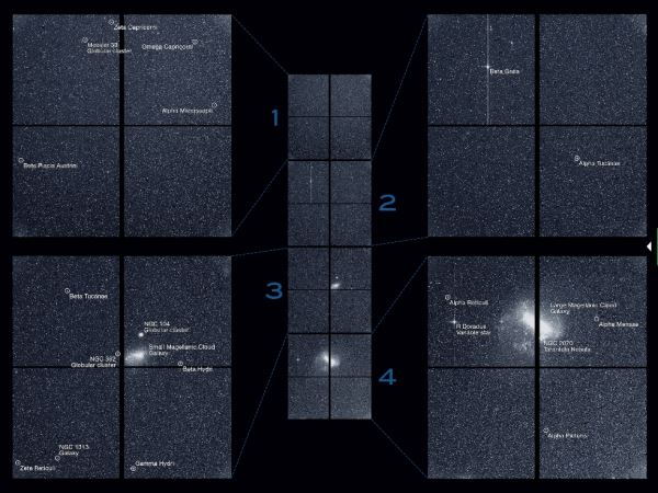 30분동안 4개의 카메라를 이용하여 관측한 결과물을 합친 사진이다. 거대한 마젤란 은하와 NGC104라는 구형의 군집이 있다.