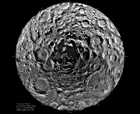 달 남극 주변의 크레이터 [클레멘타인, BMDO, NRL, LLNL 제공]