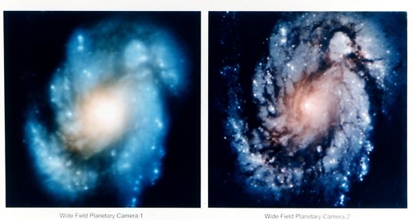 그림 3. 허블 우주 망원경의 광학 교정 전(좌)과 후(우)에 촬영한 M100의 모습 (@NASA)