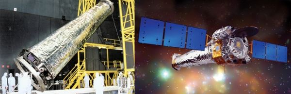 그림 6. 조립중인 찬드라 엑스선 망원경(좌) 및 우주에서 관측 중인 찬드라 엑스선 관찰 위성의 상상도(우) (@NASA)