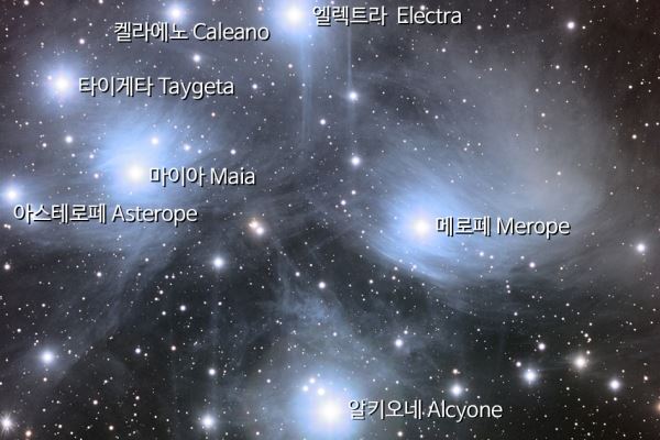 플레이아데스의 7자매 별 이름(ⓒ 화천조경철천문대)