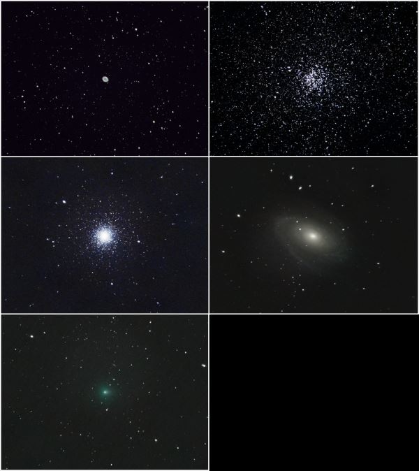 갤럭시 노트 10+로 촬영한 천체사진들. 각각 m57, m11, m3, m81, C/2019Y4(Atlas) comet